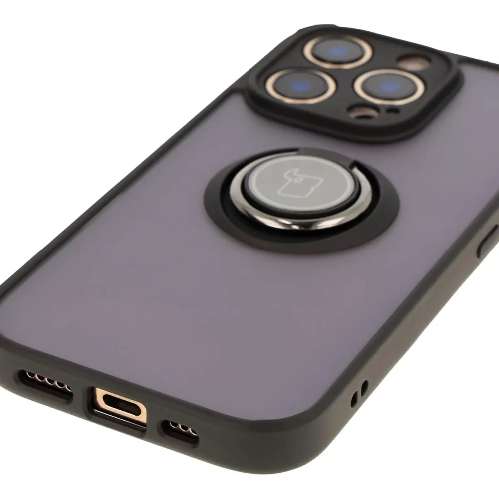 Etui z uchwytem na palec Bizon Case Hybrid Ring do Apple iPhone 16 Pro przydymione z czarną ramką