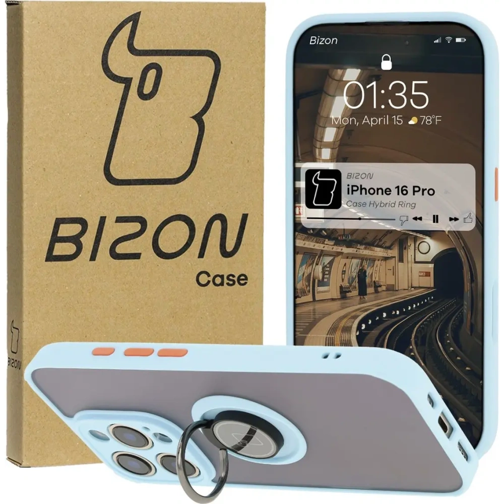 Etui z uchwytem na palec Bizon Case Hybrid Ring do Apple iPhone 16 Pro przydymione z jasnoniebieską ramką