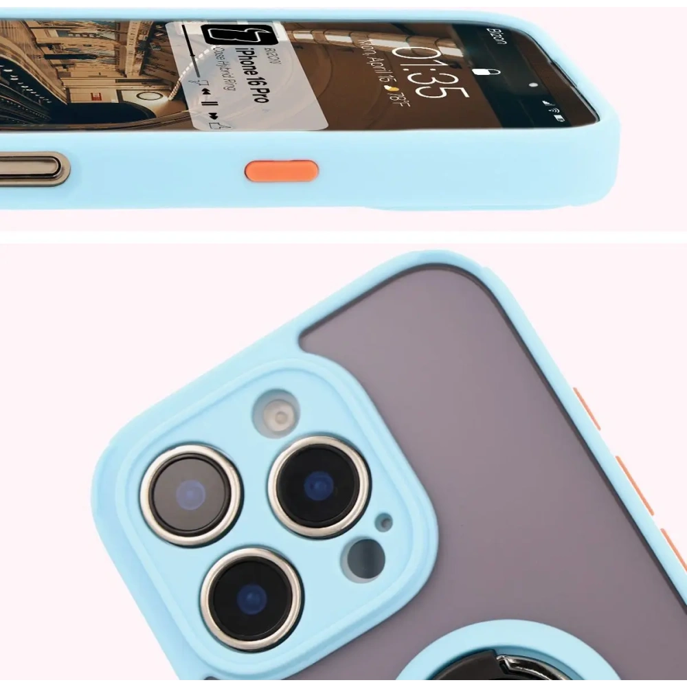 Etui z uchwytem na palec Bizon Case Hybrid Ring do Apple iPhone 16 Pro przydymione z jasnoniebieską ramką