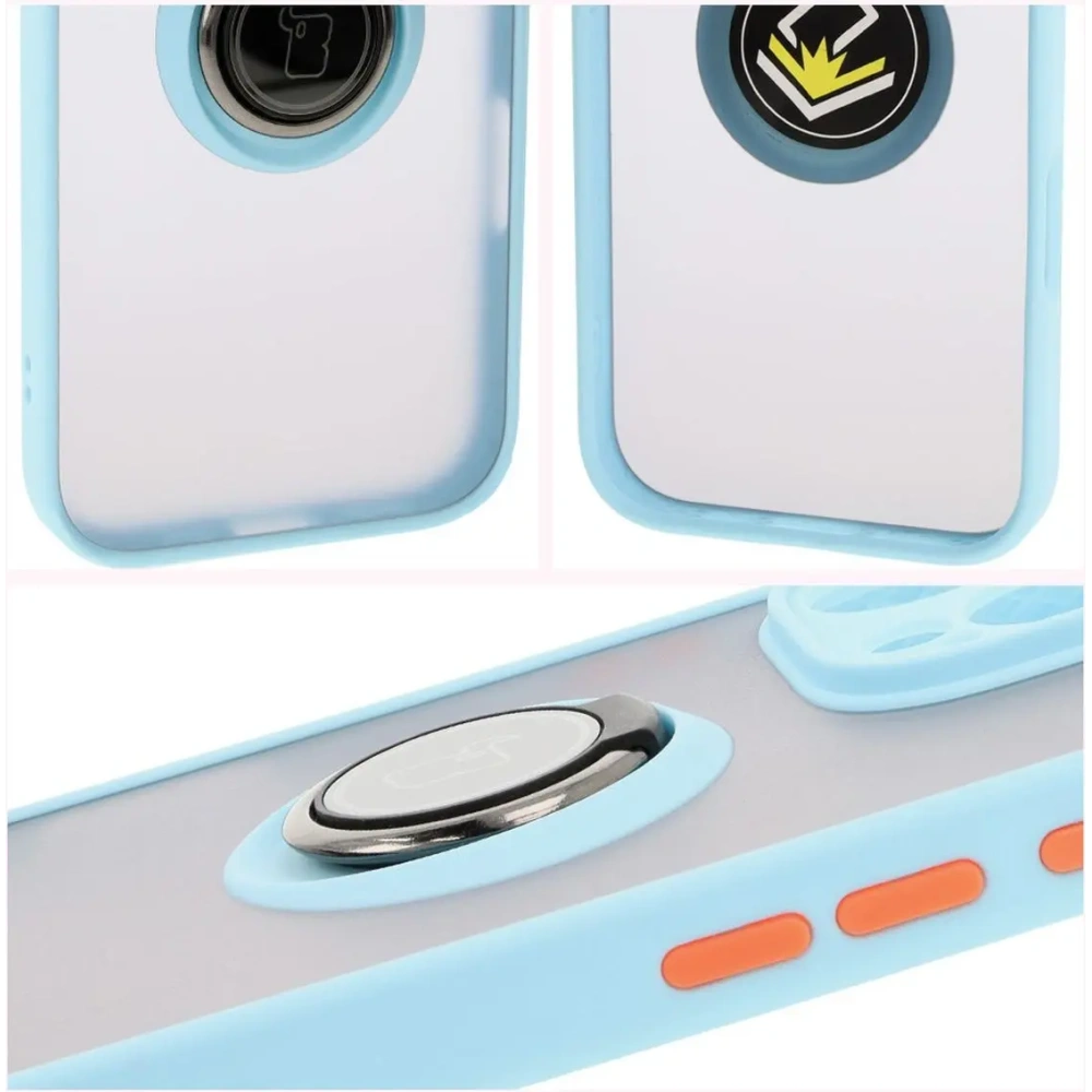 Etui z uchwytem na palec Bizon Case Hybrid Ring do Apple iPhone 16 Pro przydymione z jasnoniebieską ramką