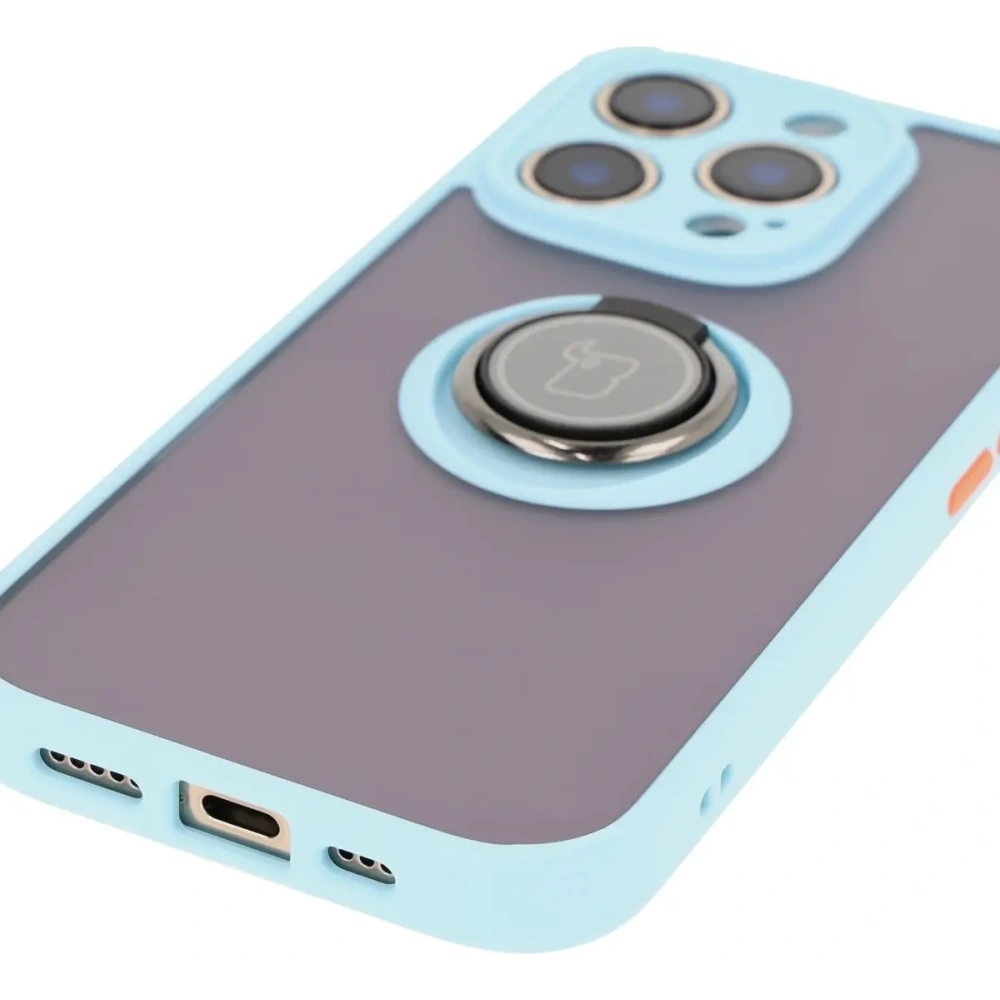 Etui z uchwytem na palec Bizon Case Hybrid Ring do Apple iPhone 16 Pro przydymione z jasnoniebieską ramką