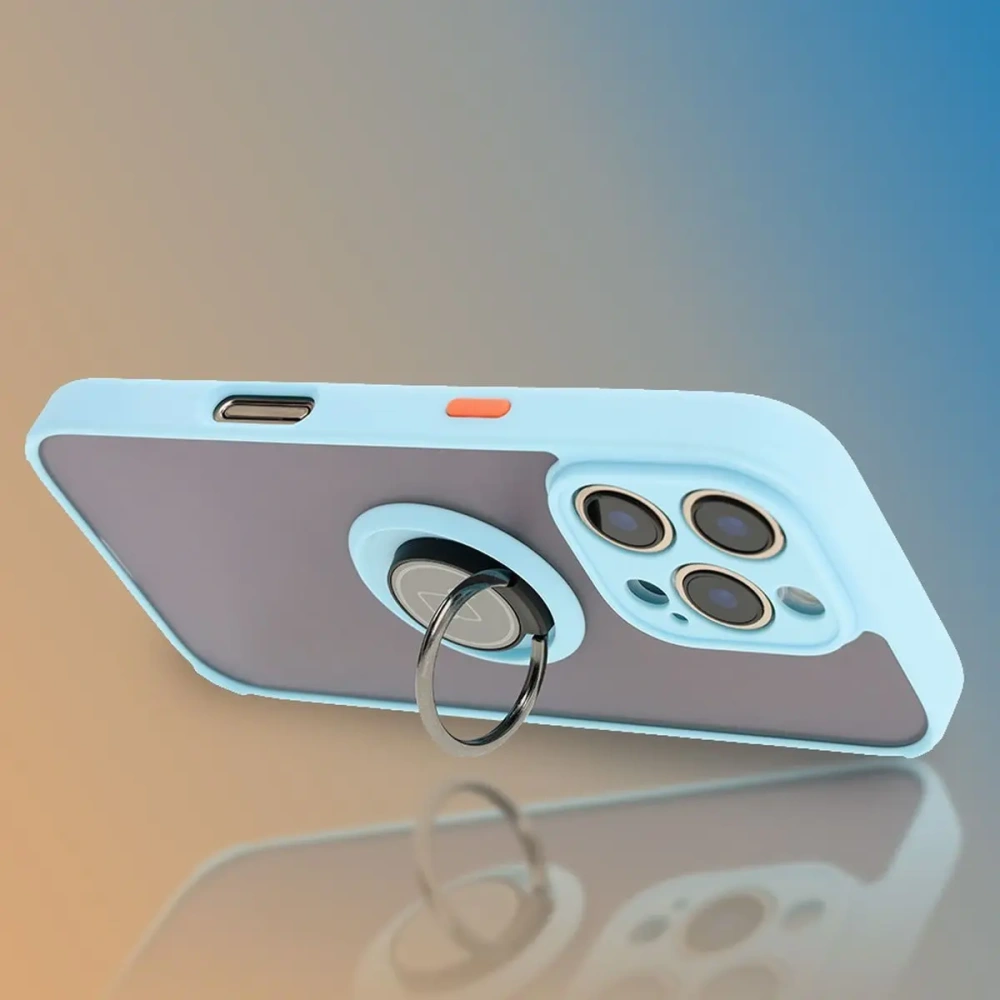 Etui z uchwytem na palec Bizon Case Hybrid Ring do Apple iPhone 16 Pro przydymione z jasnoniebieską ramką