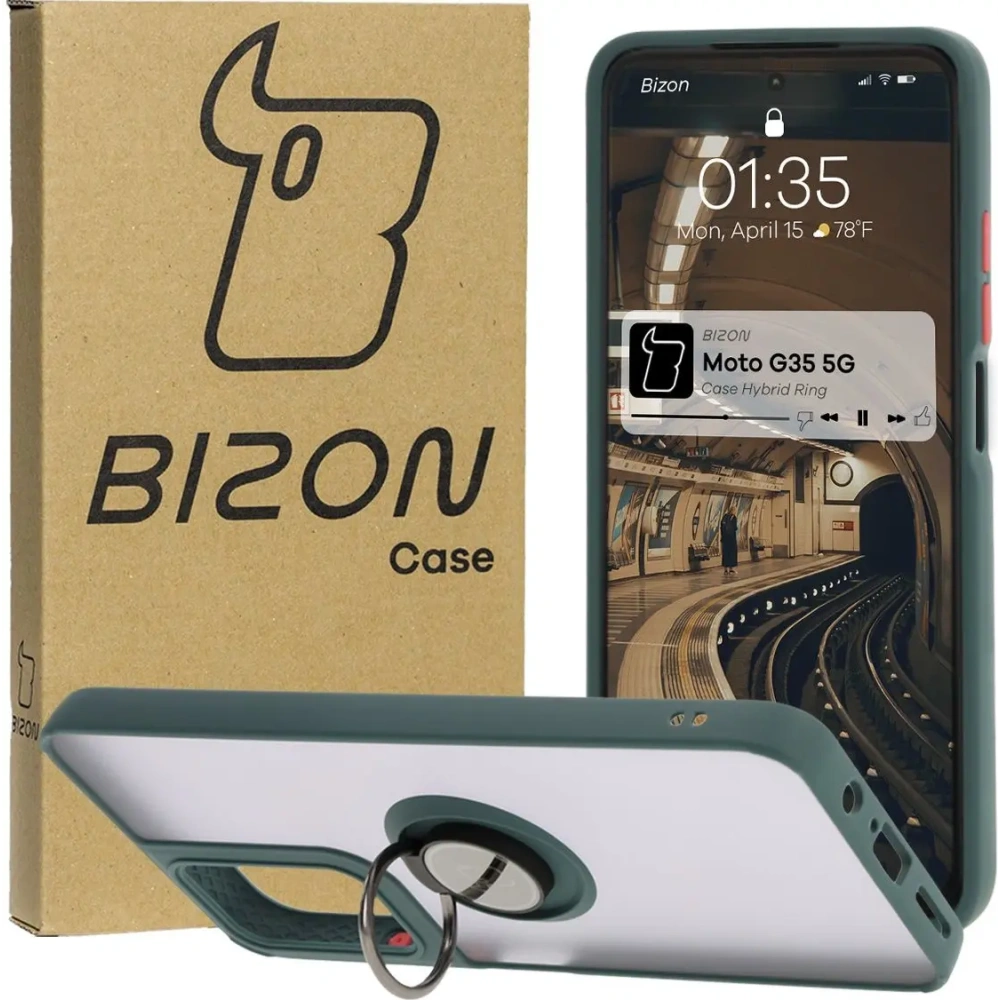 Etui z uchwytem na palec Bizon Case Hybrid Ring do Motorola Moto G35 5G przydymione z ciemnozieloną ramką