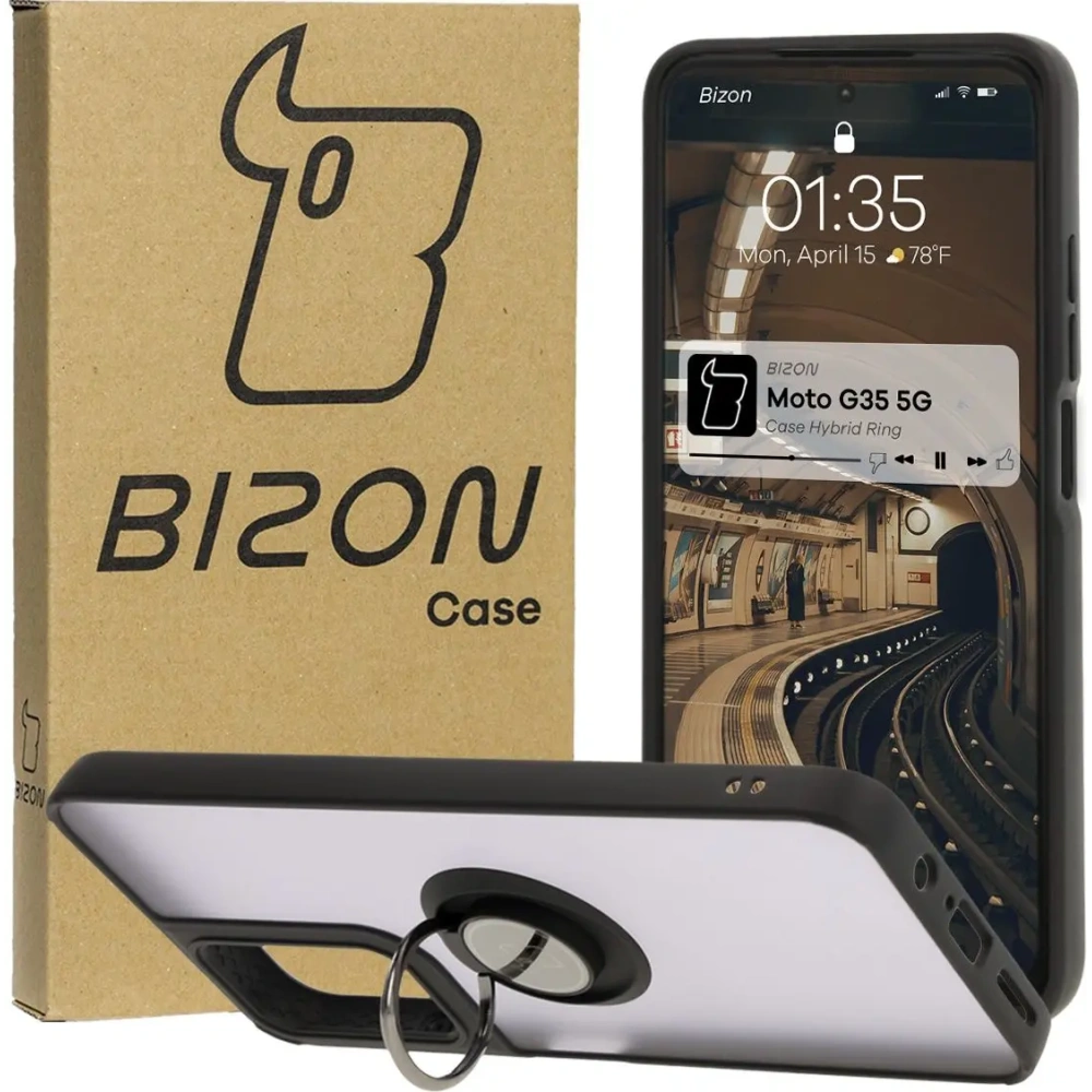 Etui z uchwytem na palec Bizon Case Hybrid Ring do Motorola Moto G35 5G przydymione z czarną ramką