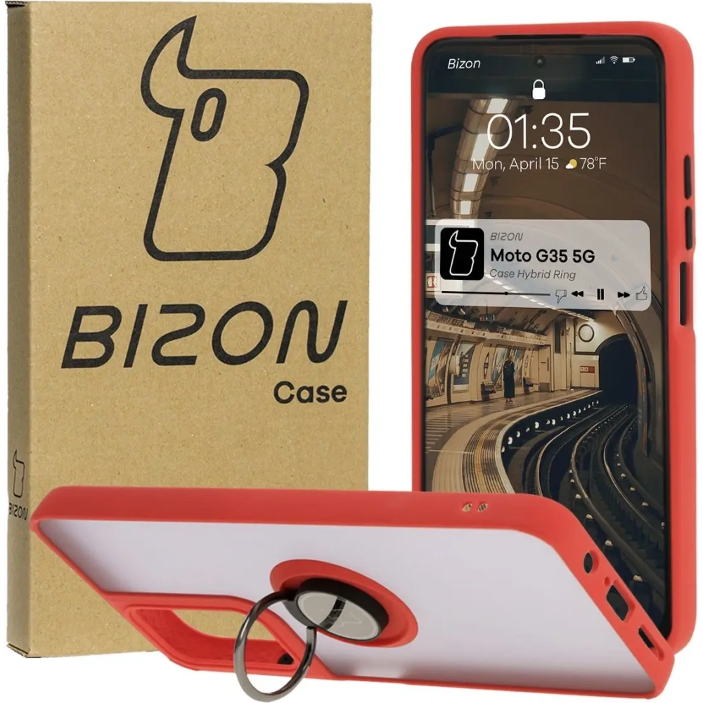 Etui z uchwytem na palec Bizon Case Hybrid Ring do Motorola Moto G35 5G przydymione z czerwoną ramką
