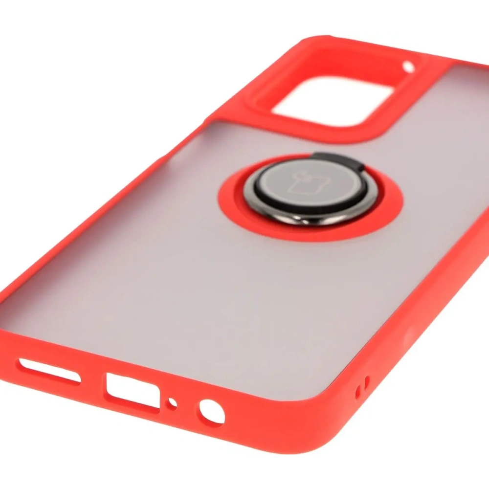 Etui z uchwytem na palec Bizon Case Hybrid Ring do Motorola Moto G35 5G przydymione z czerwoną ramką