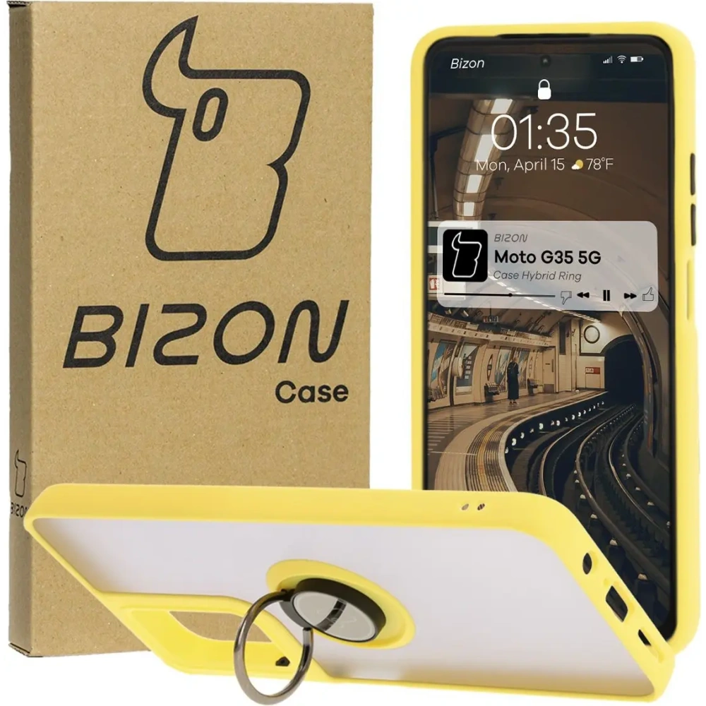 Etui z uchwytem na palec Bizon Case Hybrid Ring do Motorola Moto G35 5G przydymione z żółtą ramką