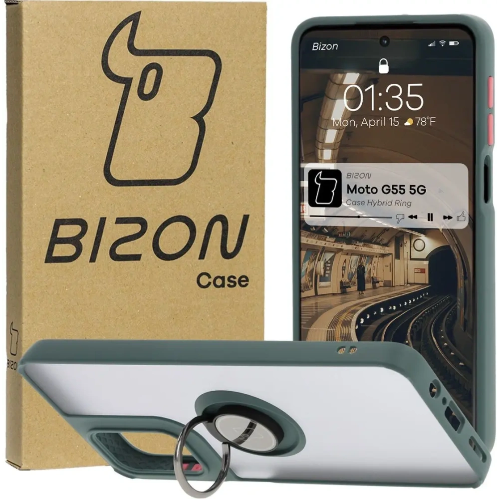Etui z uchwytem na palec Bizon Case Hybrid Ring do Motorola Moto G55 5G przydymione z ciemnozieloną ramką