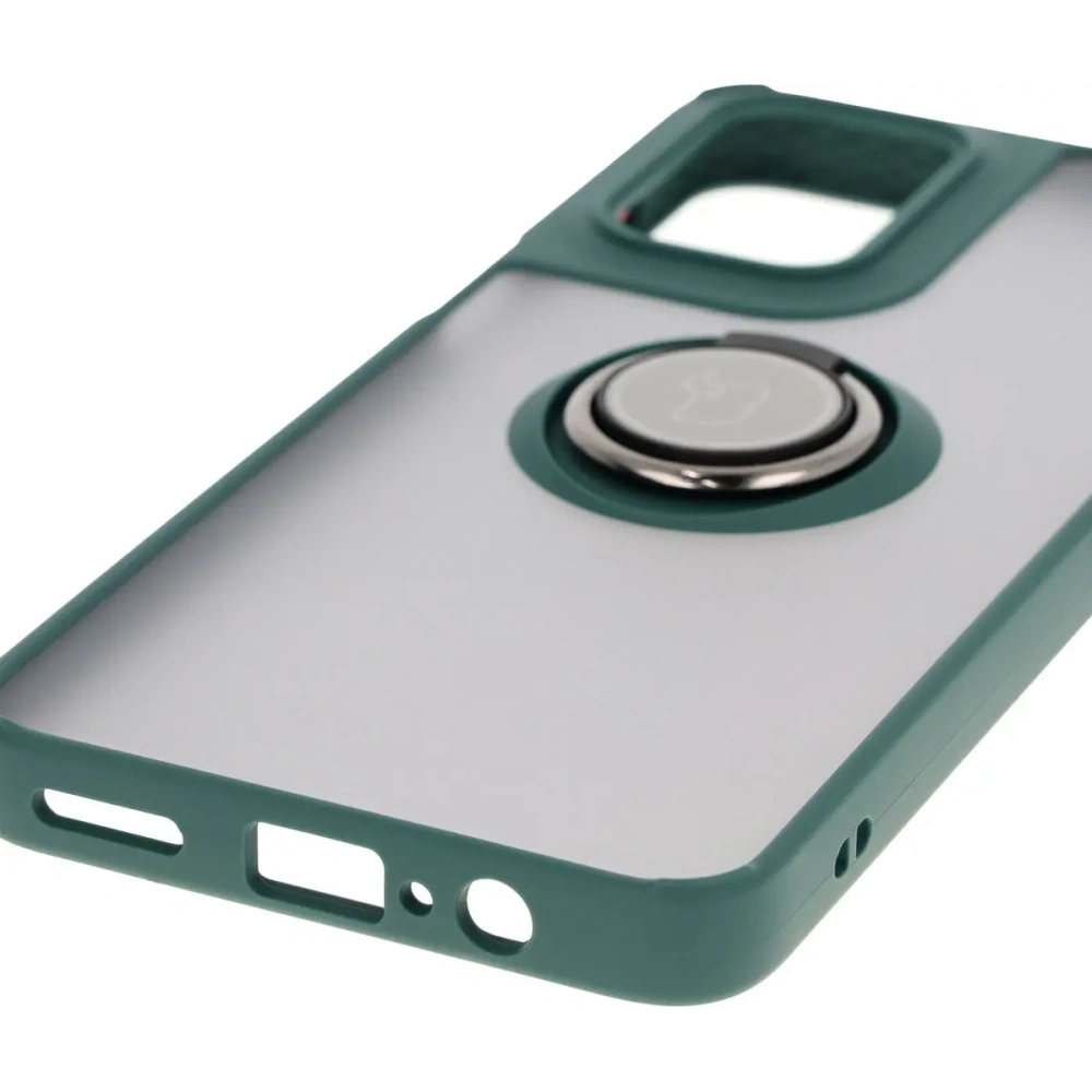 Etui z uchwytem na palec Bizon Case Hybrid Ring do Motorola Moto G55 5G przydymione z ciemnozieloną ramką