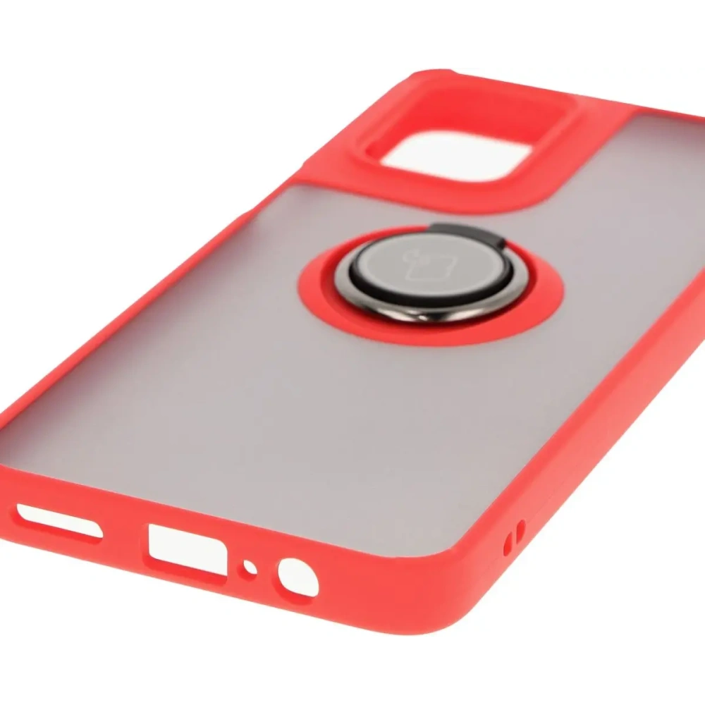 Etui z uchwytem na palec Bizon Case Hybrid Ring do Motorola Moto G55 5G przydymione z czerwoną ramką