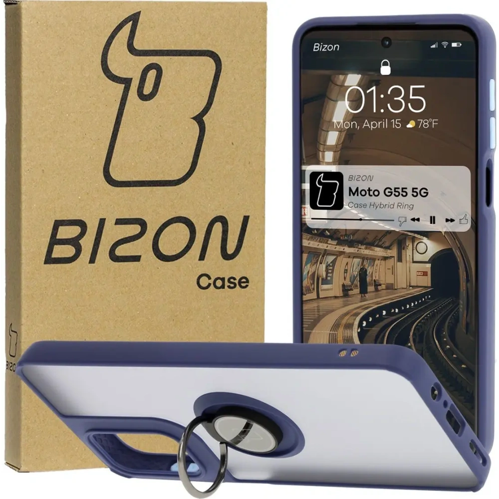 Etui z uchwytem na palec Bizon Case Hybrid Ring do Motorola Moto G55 5G przydymione z granatową ramką