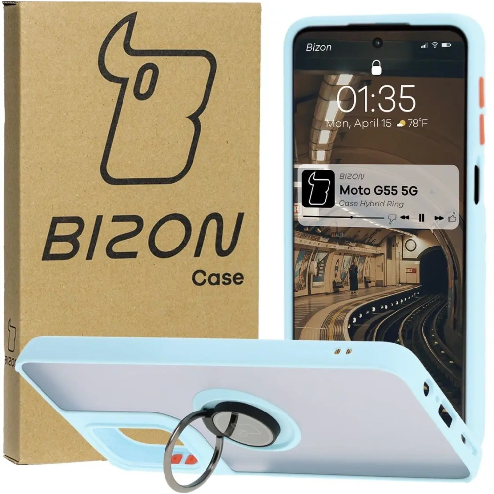 Etui z uchwytem na palec Bizon Case Hybrid Ring do Motorola Moto G55 5G przydymione z jasnoniebieską ramką
