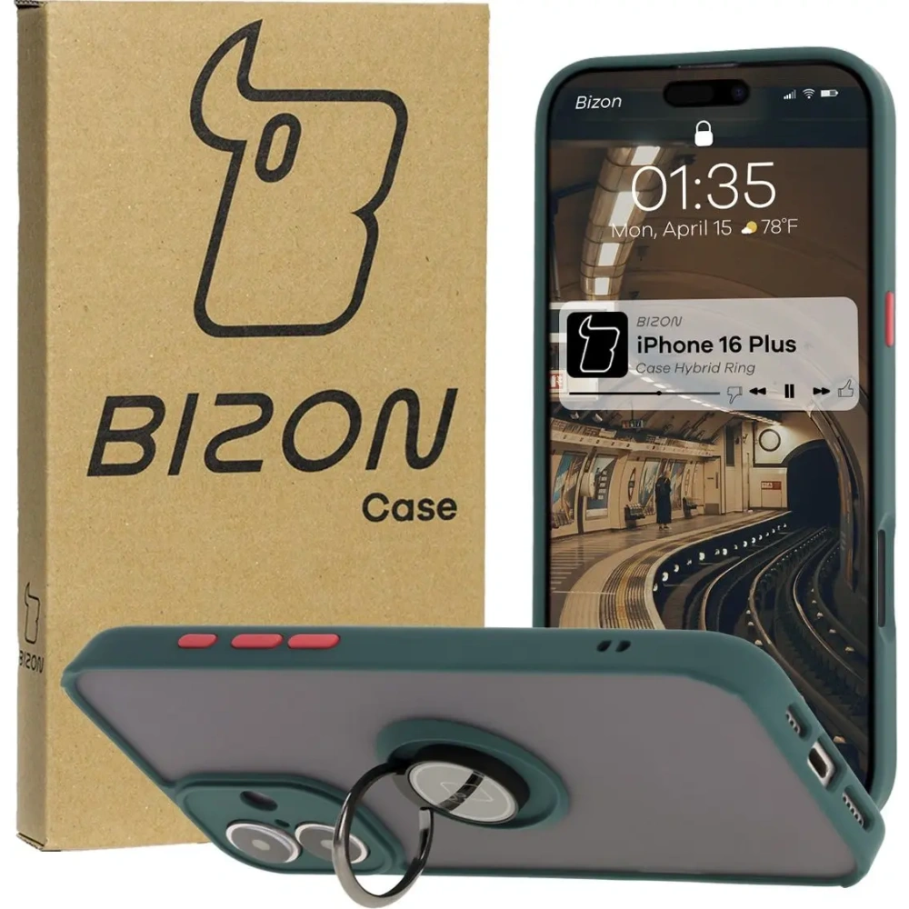 Etui z uchwytem na palec Bizon Case Hybrid Ring do Apple iPhone 16 Plus przydymione z ciemnozieloną ramką