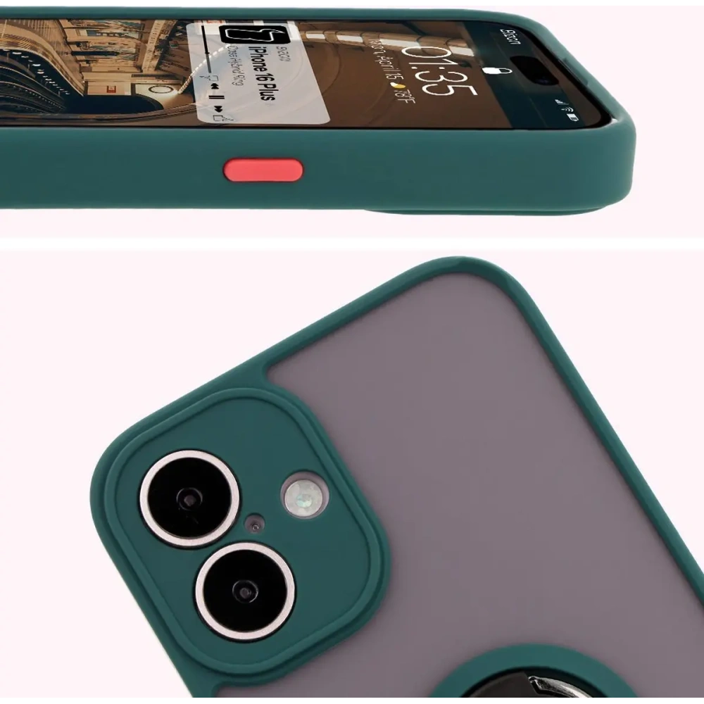 Etui z uchwytem na palec Bizon Case Hybrid Ring do Apple iPhone 16 Plus przydymione z ciemnozieloną ramką
