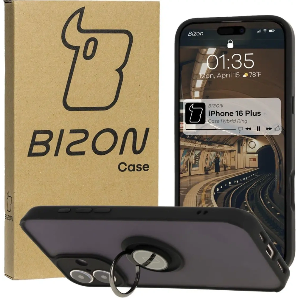 Etui z uchwytem na palec Bizon Case Hybrid Ring do Apple iPhone 16 Plus przydymione z czarną ramką