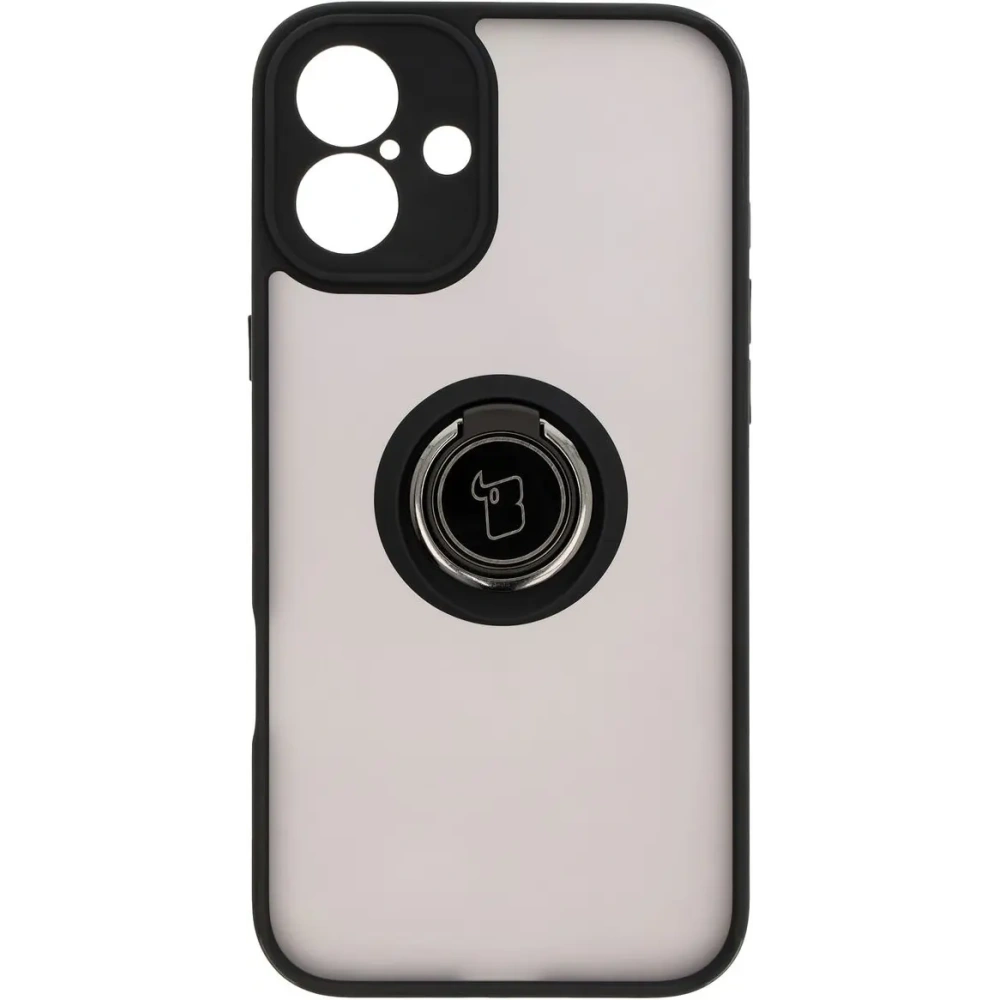 Etui z uchwytem na palec Bizon Case Hybrid Ring do Apple iPhone 16 Plus przydymione z czarną ramką