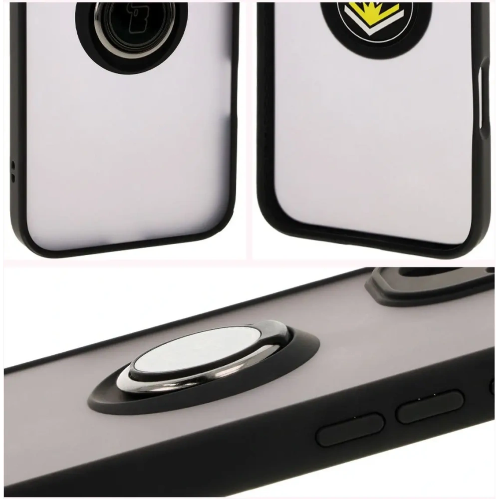 Etui z uchwytem na palec Bizon Case Hybrid Ring do Apple iPhone 16 Plus przydymione z czarną ramką