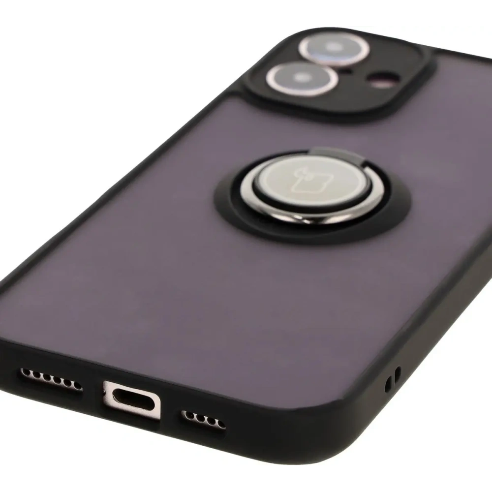 Etui z uchwytem na palec Bizon Case Hybrid Ring do Apple iPhone 16 Plus przydymione z czarną ramką