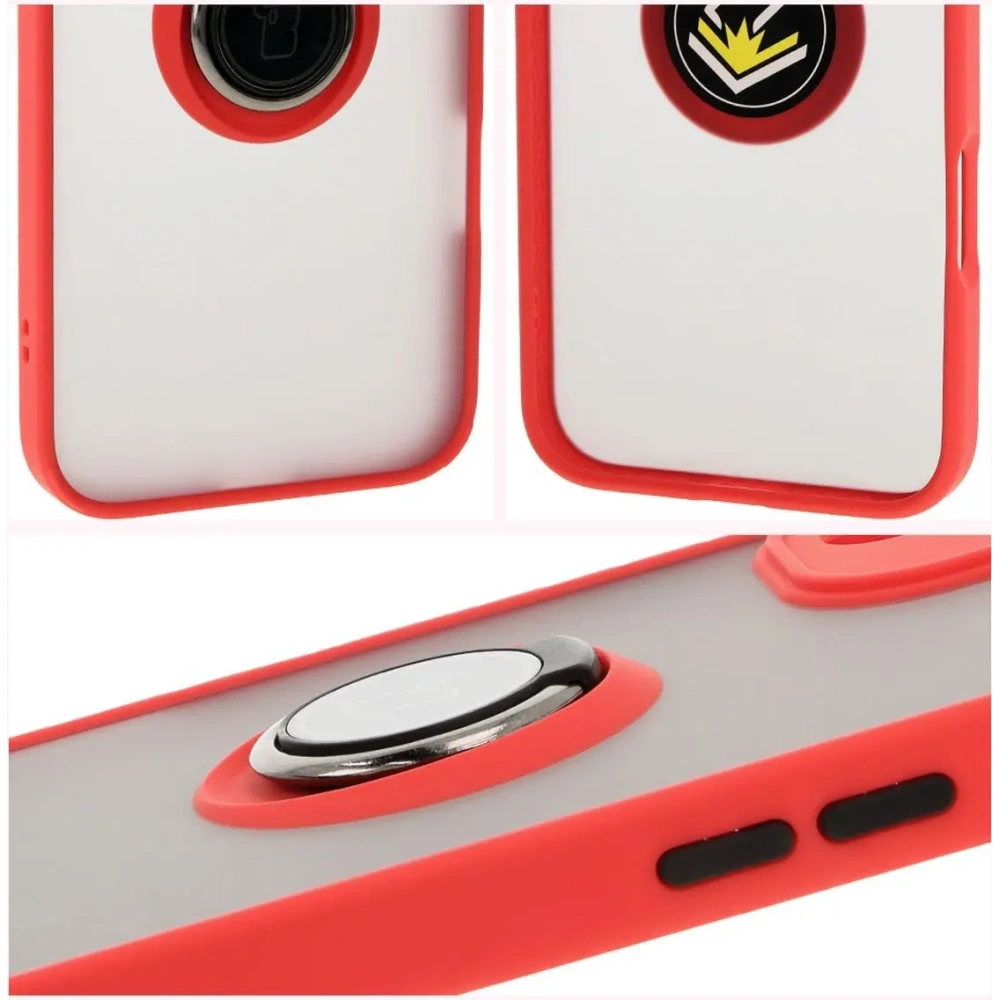 Etui z uchwytem na palec Bizon Case Hybrid Ring do Apple iPhone 16 Plus przydymione z czerwoną ramką