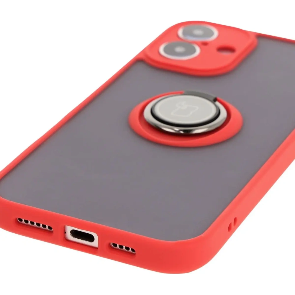 Etui z uchwytem na palec Bizon Case Hybrid Ring do Apple iPhone 16 Plus przydymione z czerwoną ramką