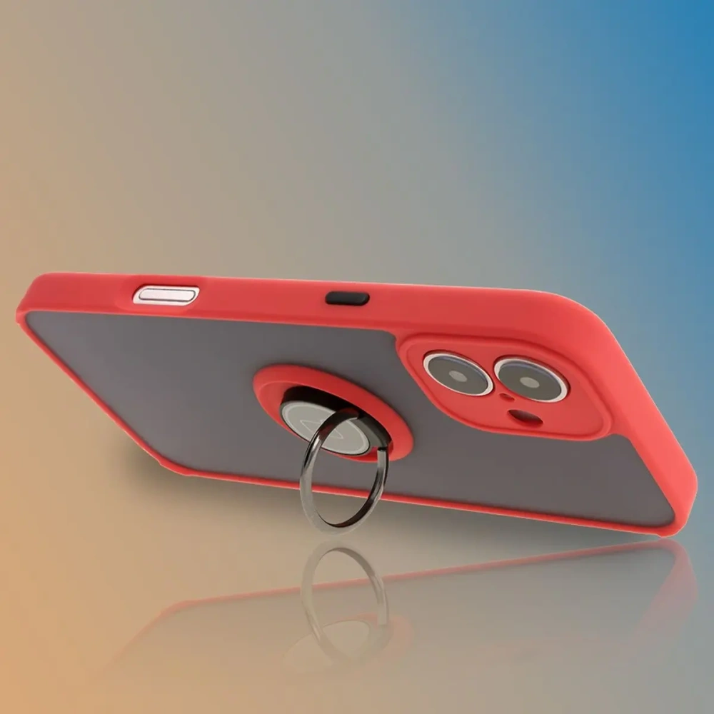 Etui z uchwytem na palec Bizon Case Hybrid Ring do Apple iPhone 16 Plus przydymione z czerwoną ramką