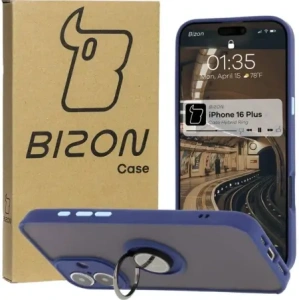 Etui z uchwytem na palec Bizon Case Hybrid Ring do Apple iPhone 16 Plus przydymione z granatową ramką