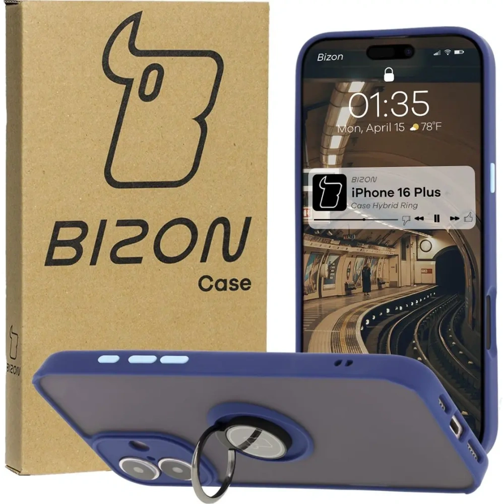 Etui z uchwytem na palec Bizon Case Hybrid Ring do Apple iPhone 16 Plus przydymione z granatową ramką