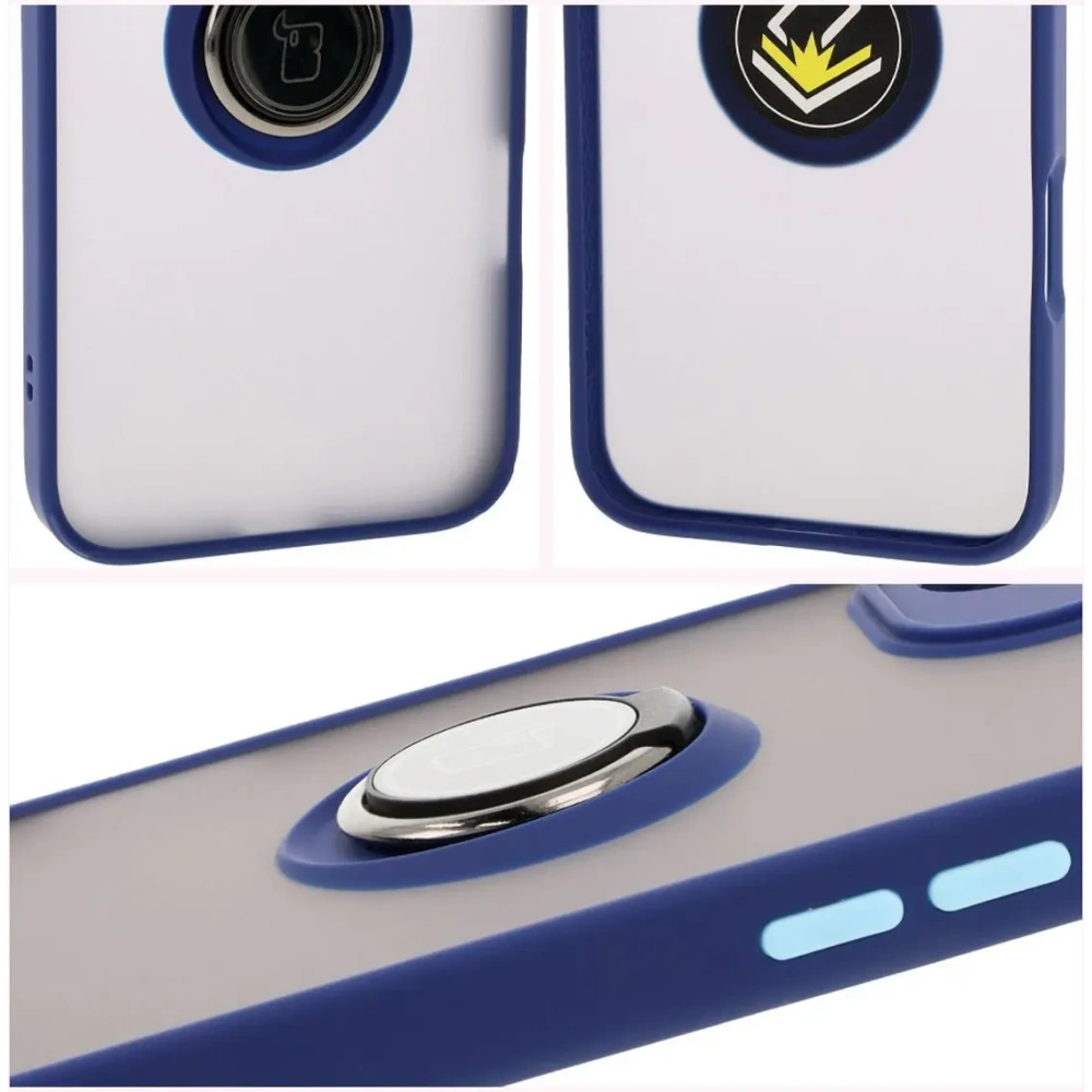 Etui z uchwytem na palec Bizon Case Hybrid Ring do Apple iPhone 16 Plus przydymione z granatową ramką