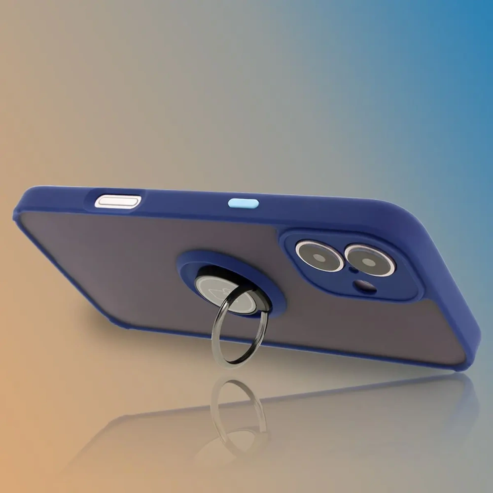 Etui z uchwytem na palec Bizon Case Hybrid Ring do Apple iPhone 16 Plus przydymione z granatową ramką