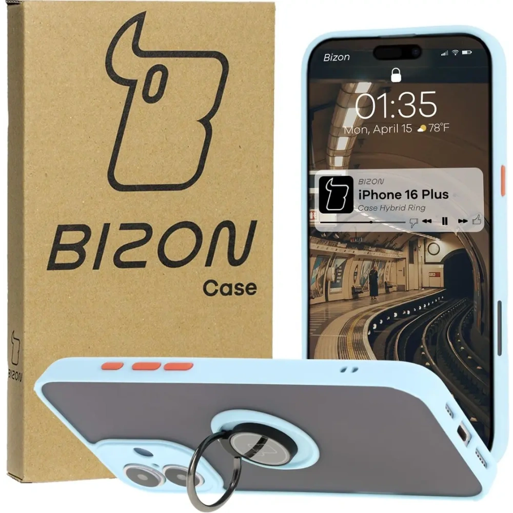 Etui z uchwytem na palec Bizon Case Hybrid Ring do Apple iPhone 16 Plus przydymione z jasnoniebieską ramką