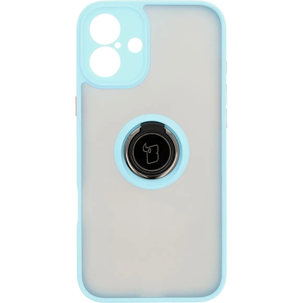 Etui z uchwytem na palec Bizon Case Hybrid Ring do Apple iPhone 16 Plus przydymione z jasnoniebieską ramką