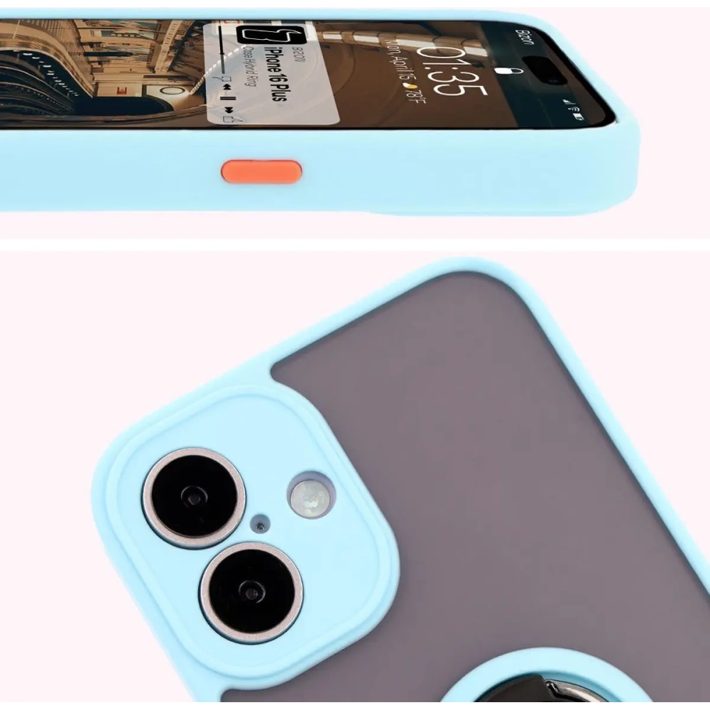 Etui z uchwytem na palec Bizon Case Hybrid Ring do Apple iPhone 16 Plus przydymione z jasnoniebieską ramką