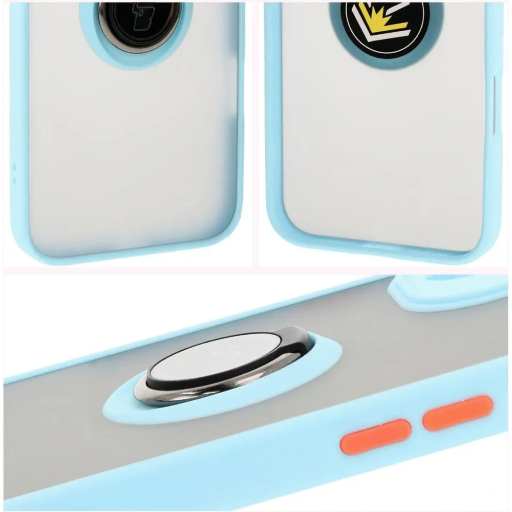 Etui z uchwytem na palec Bizon Case Hybrid Ring do Apple iPhone 16 Plus przydymione z jasnoniebieską ramką