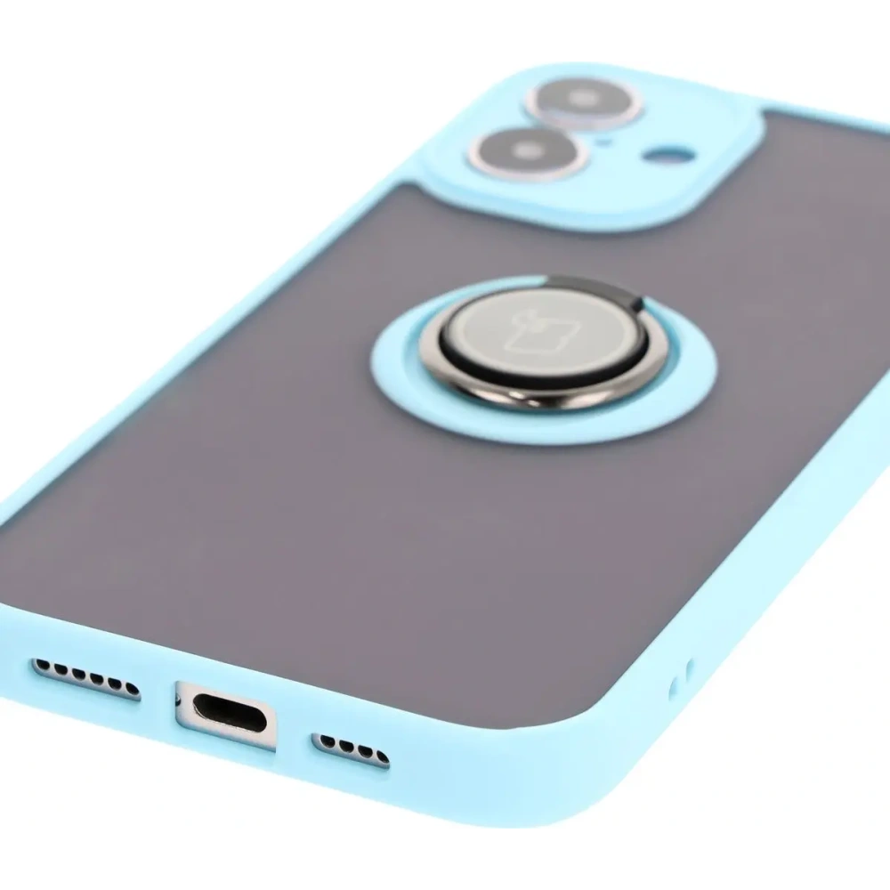 Etui z uchwytem na palec Bizon Case Hybrid Ring do Apple iPhone 16 Plus przydymione z jasnoniebieską ramką