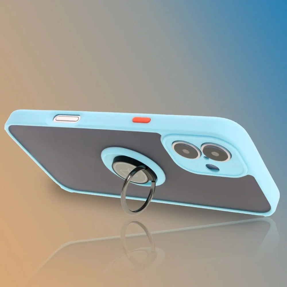 Etui z uchwytem na palec Bizon Case Hybrid Ring do Apple iPhone 16 Plus przydymione z jasnoniebieską ramką