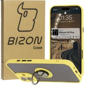 Etui z uchwytem na palec Bizon Case Hybrid Ring do Apple iPhone 16 Plus przydymione z żółtą ramką