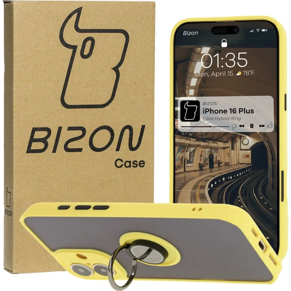 Etui z uchwytem na palec Bizon Case Hybrid Ring do Apple iPhone 16 Plus przydymione z żółtą ramką