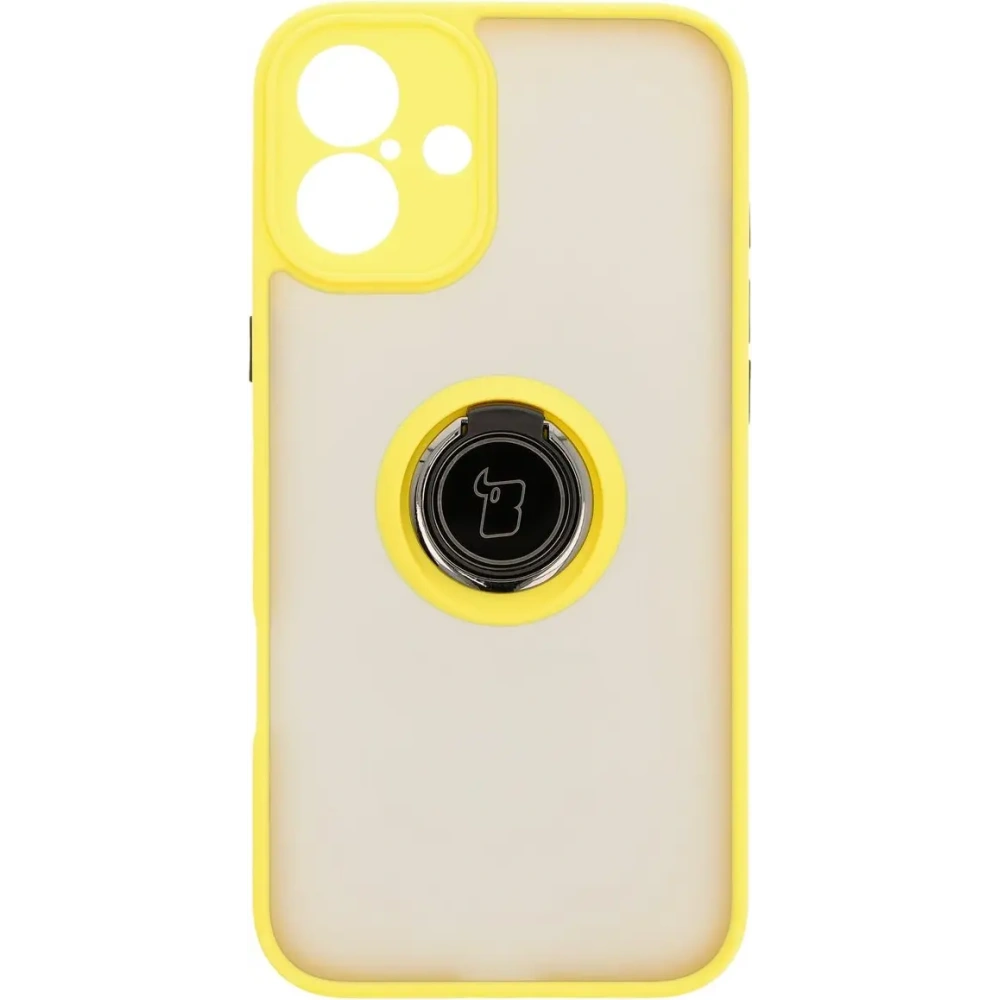 Etui z uchwytem na palec Bizon Case Hybrid Ring do Apple iPhone 16 Plus przydymione z żółtą ramką