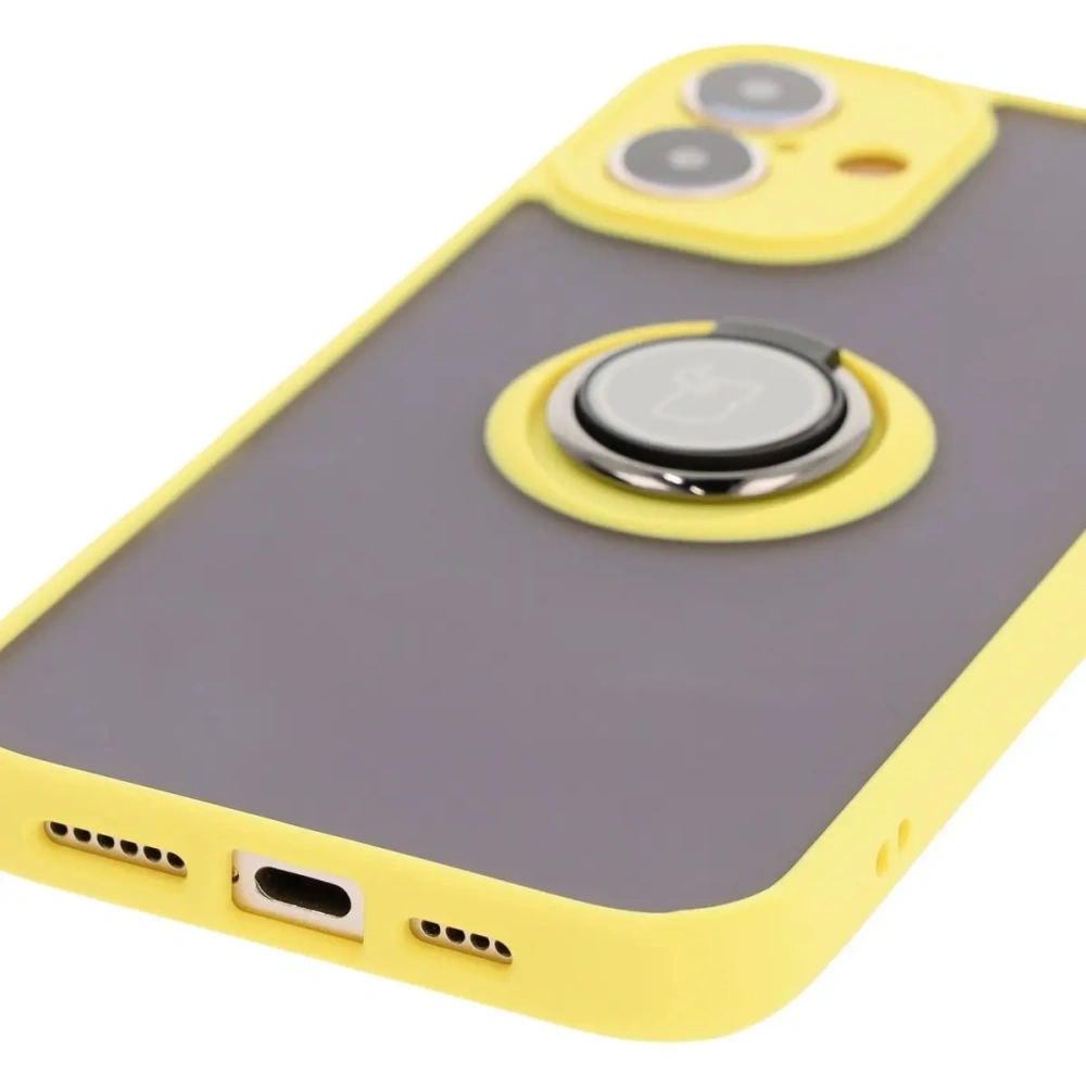 Etui z uchwytem na palec Bizon Case Hybrid Ring do Apple iPhone 16 Plus przydymione z żółtą ramką