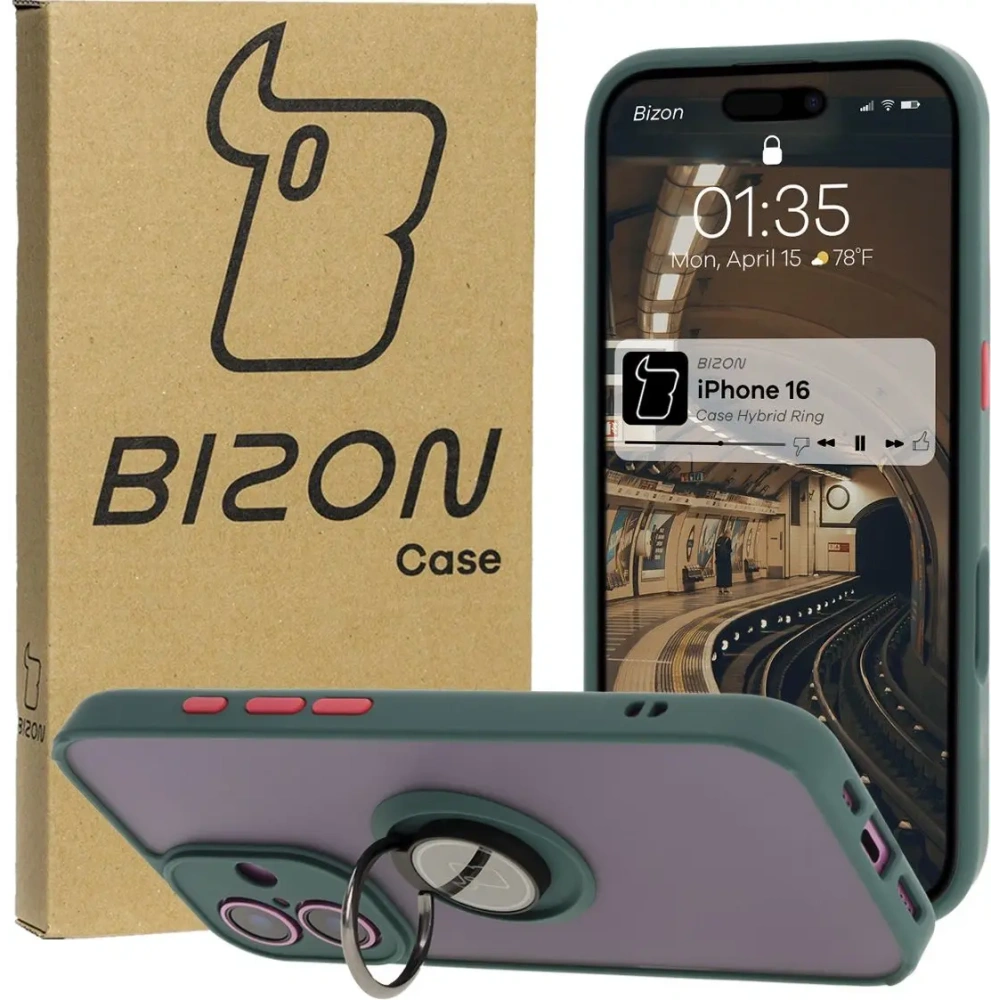 Etui z uchwytem na palec Bizon Case Hybrid Ring do Apple iPhone 16 przydymione z ciemnozieloną ramką