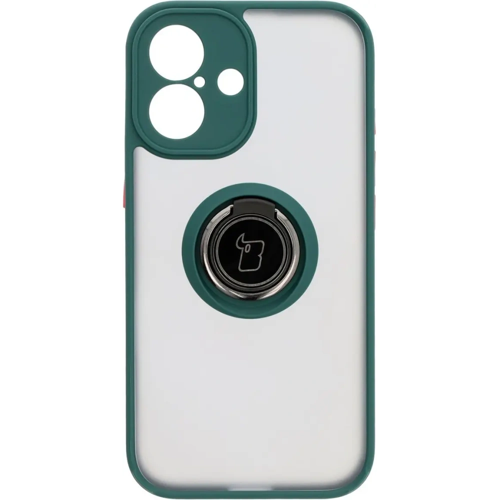 Etui z uchwytem na palec Bizon Case Hybrid Ring do Apple iPhone 16 przydymione z ciemnozieloną ramką