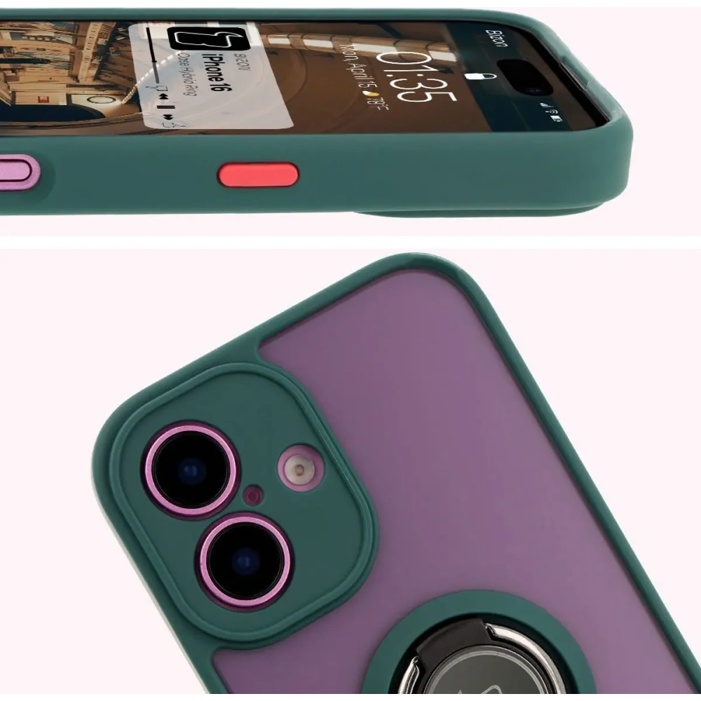 Etui z uchwytem na palec Bizon Case Hybrid Ring do Apple iPhone 16 przydymione z ciemnozieloną ramką