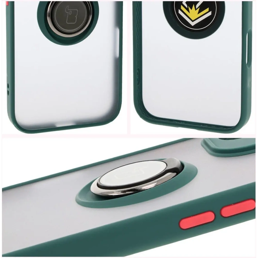 Etui z uchwytem na palec Bizon Case Hybrid Ring do Apple iPhone 16 przydymione z ciemnozieloną ramką
