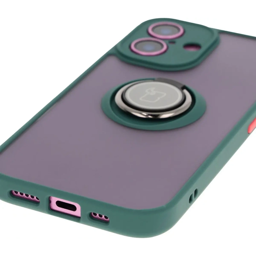 Etui z uchwytem na palec Bizon Case Hybrid Ring do Apple iPhone 16 przydymione z ciemnozieloną ramką