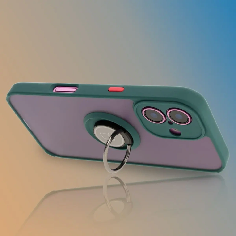 Etui z uchwytem na palec Bizon Case Hybrid Ring do Apple iPhone 16 przydymione z ciemnozieloną ramką