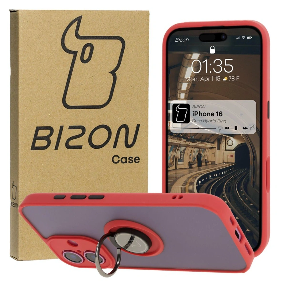 Etui z uchwytem na palec Bizon Case Hybrid Ring do Apple iPhone 16 przydymione z czerwoną ramką