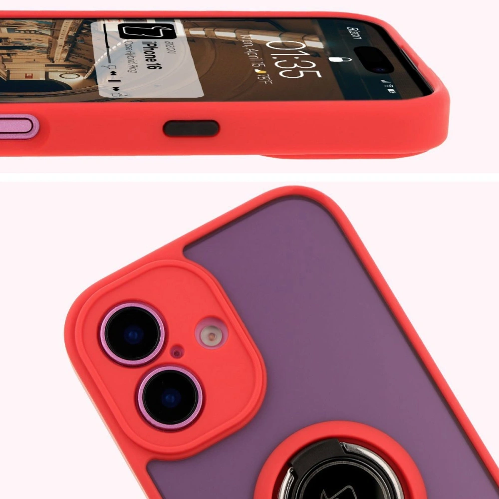 Etui z uchwytem na palec Bizon Case Hybrid Ring do Apple iPhone 16 przydymione z czerwoną ramką