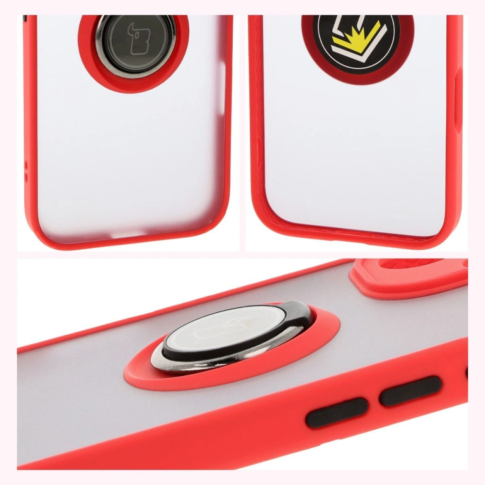 Etui z uchwytem na palec Bizon Case Hybrid Ring do Apple iPhone 16 przydymione z czerwoną ramką