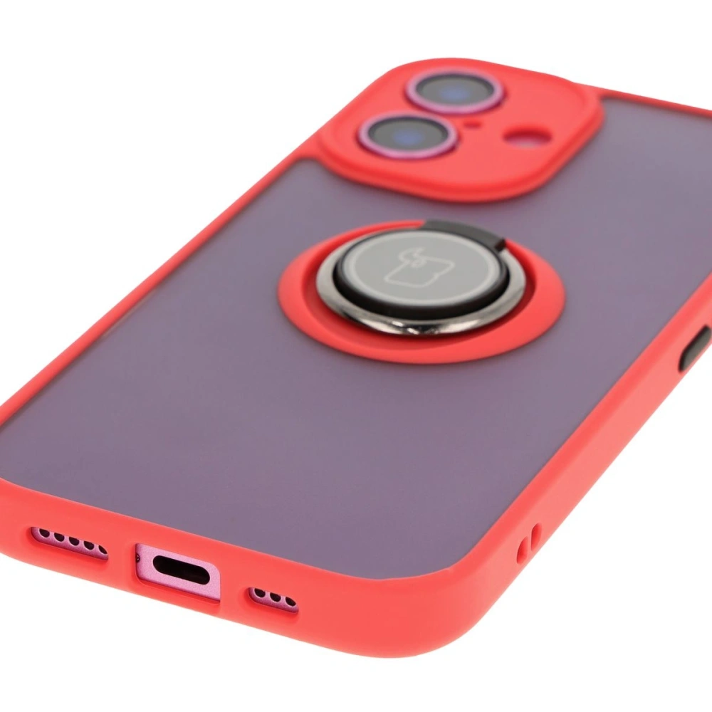 Etui z uchwytem na palec Bizon Case Hybrid Ring do Apple iPhone 16 przydymione z czerwoną ramką