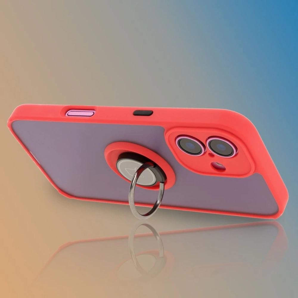 Etui z uchwytem na palec Bizon Case Hybrid Ring do Apple iPhone 16 przydymione z czerwoną ramką